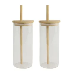 OTIX Drinkglazen met Bamboo Deksel met Rietje 2 Stuks 400 ml Waterglazen