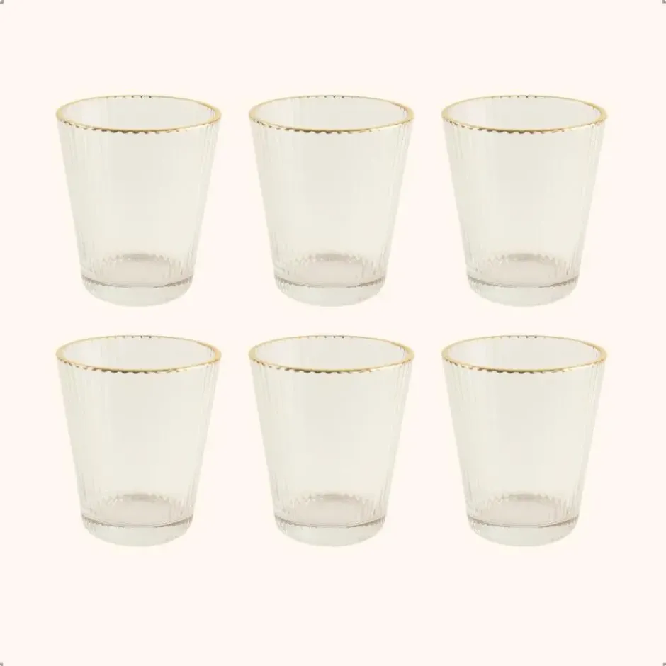 OTIX Waterglazen Set van 6 Stapelbaar 350 ml Met gouden rand Reliëf Ribbel