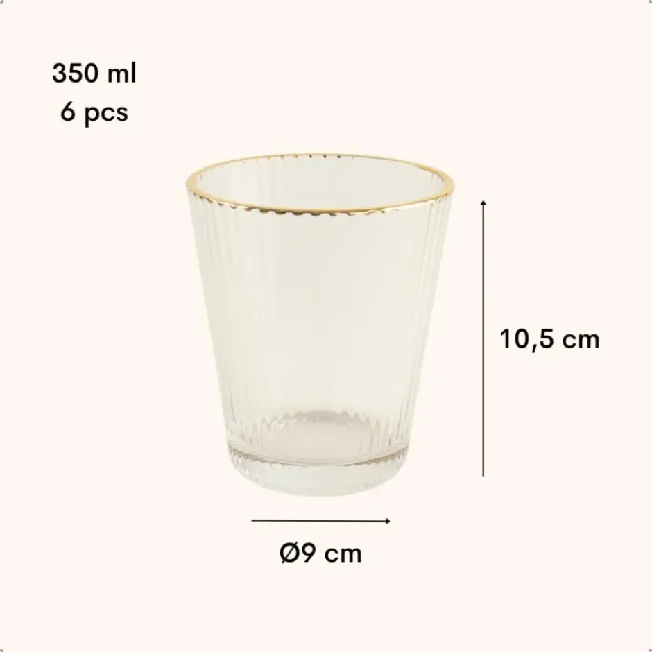 OTIX Waterglazen Set van 6 Stapelbaar 350 ml Met gouden rand Reliëf Ribbel