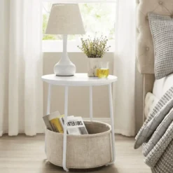 Parya Home Bijzettafel, ronde bijzettafel met stoffen mand