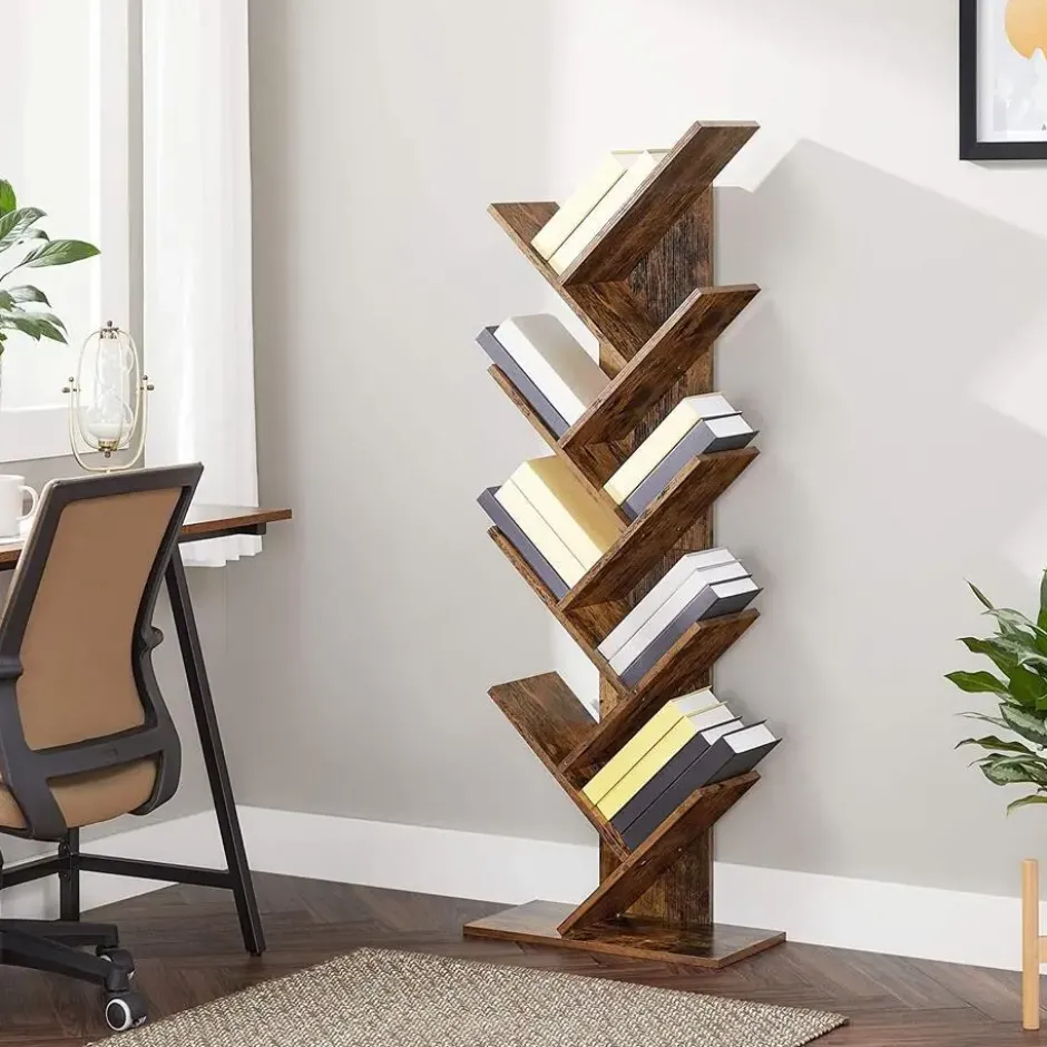 Parya Home - Houten Boekenkast - 8 niveaus - Vintage - Staande Plank - Bruin