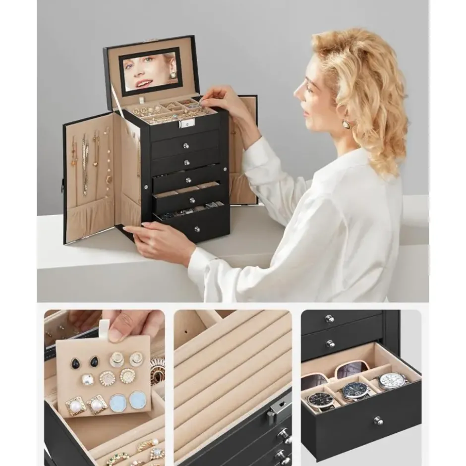 Parya Home sieradendoos – 6 niv, zijkleppen, spiegel, slot, zwart