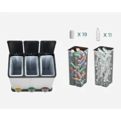 Parya Home - Vuilnisbak - Met binnenemmer - 3 compartimenten - 3x 15L - Zilver