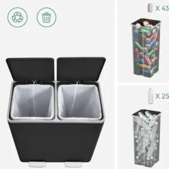 Parya Home - Zwarte Prullenbak - 2 x 30 Liter - Roestvrij Staal