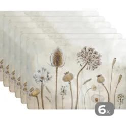 Placemat 6 stuks 45x30 cm Bloemen - Waterverf - Stilleven - Bruin - Vintage