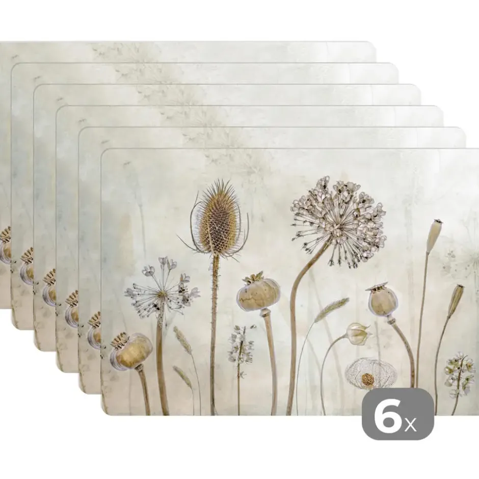 Placemat 6 stuks 45x30 cm Bloemen - Waterverf - Stilleven - Bruin - Vintage