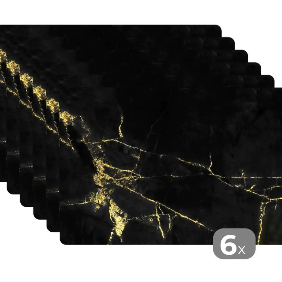 Placemat 6 stuks 45x30 cm Marmer - Zwart - Goud - Luxe