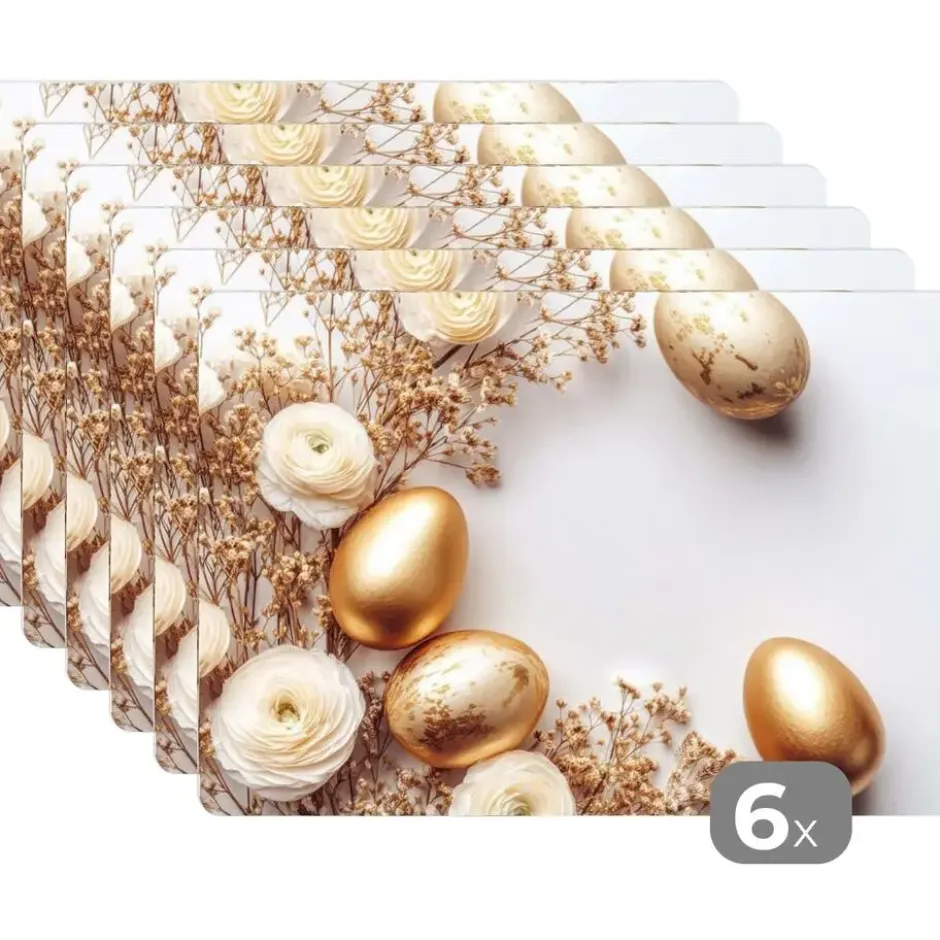 Placemat 6 stuks 45x30 cm Rozen - Paaseieren - Droogbloemen - Goud