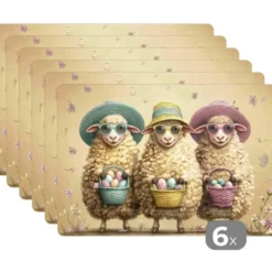 Placemat 6 stuks 45x30 cm Schaapjes - Eieren - Bloemen - Pasen