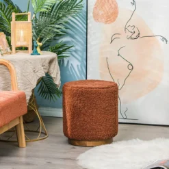 Poef met terracotta krullen en houten basis