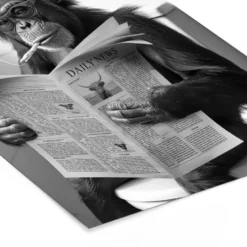 Poster met lijst 30x40 cm Aap - WC - Krant - Zwart wit - Humor