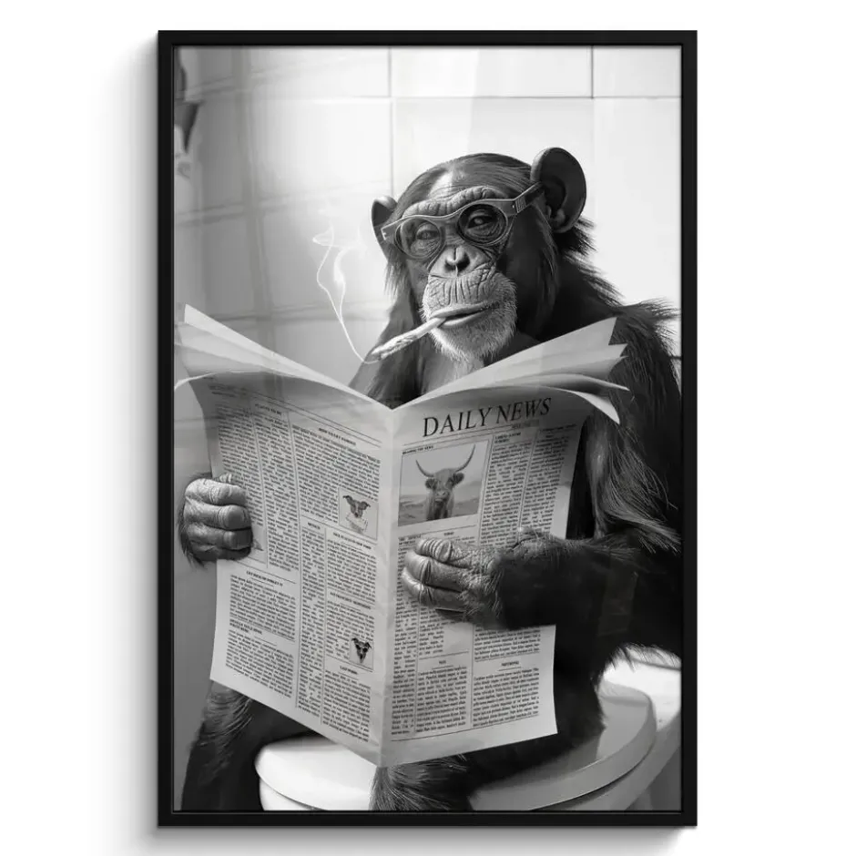 Poster met lijst 80x120 cm Aap - WC - Krant - Zwart wit - Humor