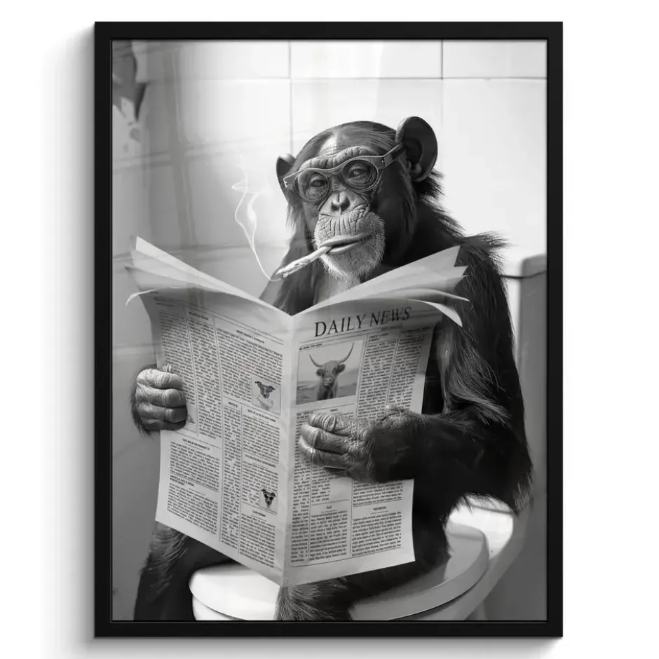 Poster met lijst 60x80 cm Aap - WC - Krant - Zwart wit - Humor