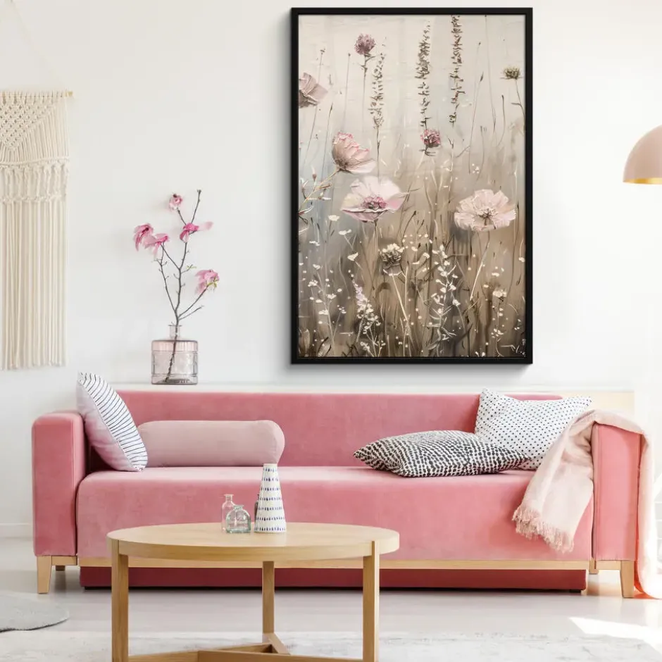 Poster met lijst 80x120 cm Bloemen - Roze - Modern - Beige