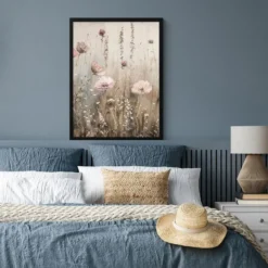 Poster met lijst 60x80 cm Bloemen - Roze - Modern - Beige