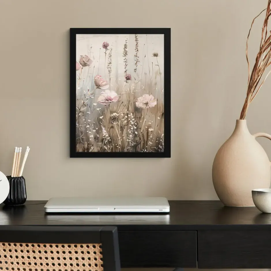 Poster met lijst 30x40 cm Bloemen - Roze - Modern - Beige