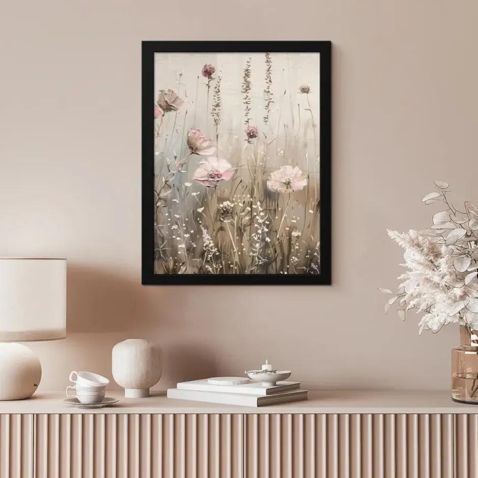 Poster met lijst 30x40 cm Bloemen - Roze - Modern - Beige