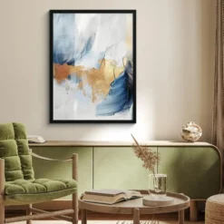 Poster met lijst 60x80 cm Goud - Blauw - Watercolor - Kunst - Modern