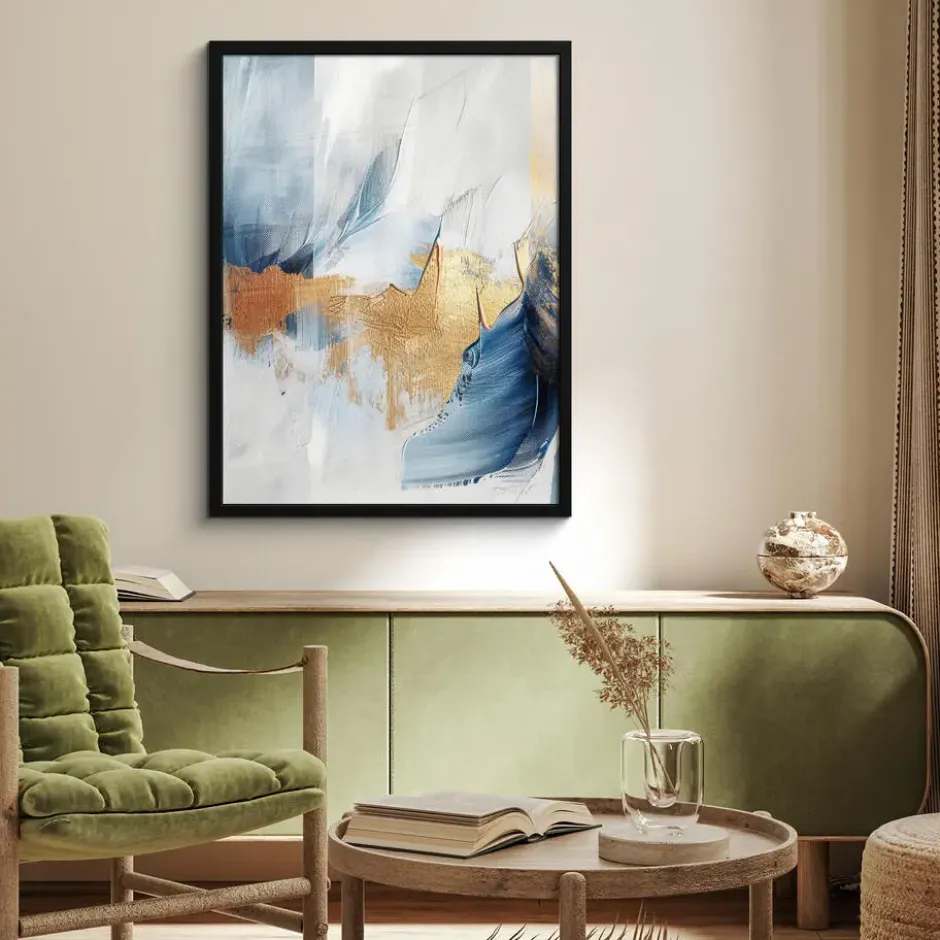 Poster met lijst 60x80 cm Goud - Blauw - Watercolor - Kunst - Modern
