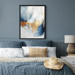Poster met lijst 60x80 cm Goud - Blauw - Watercolor - Kunst - Modern