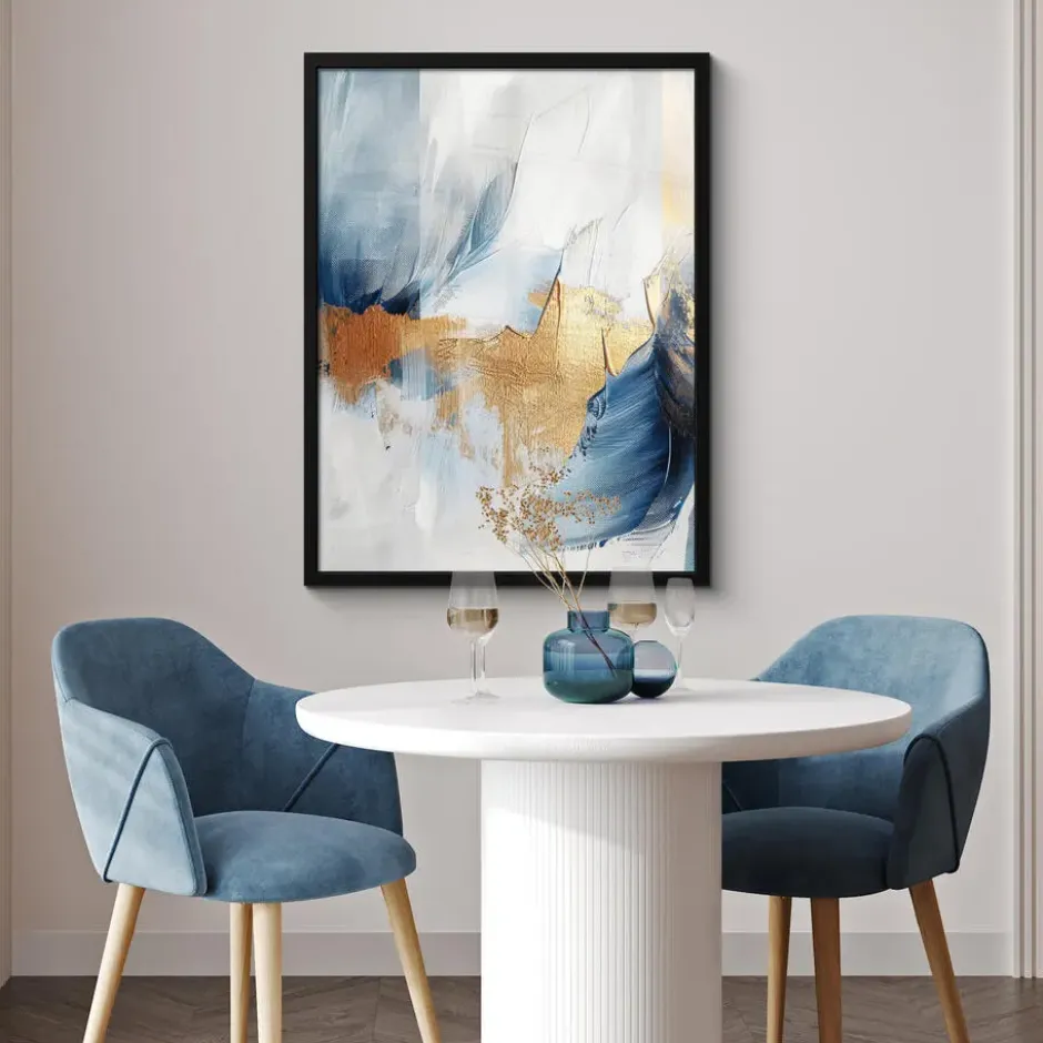 Poster met lijst 60x80 cm Goud - Blauw - Watercolor - Kunst - Modern