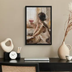 Poster met lijst 40x60 cm Olieverf - Vrouw - Wijn