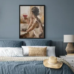 Poster met lijst 60x80 cm Olieverf - Vrouw - Wijn