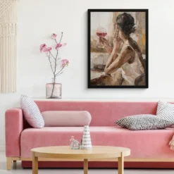 Poster met lijst 60x80 cm Olieverf - Vrouw - Wijn