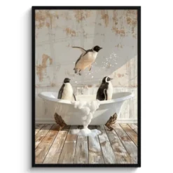 Poster met lijst 80x120 cm Vintage - Pinguïn - Badkuip - Schuim