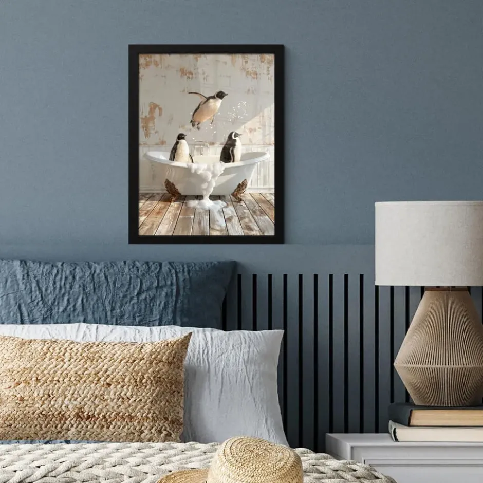 Poster met lijst 30x40 cm Vintage - Pinguïn - Badkuip - Schuim