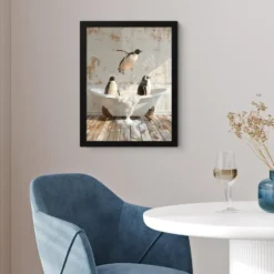Poster met lijst 30x40 cm Vintage - Pinguïn - Badkuip - Schuim