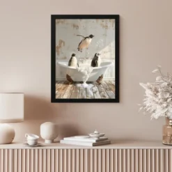 Poster met lijst 30x40 cm Vintage - Pinguïn - Badkuip - Schuim
