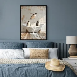 Poster met lijst 60x80 cm Vintage - Pinguïn - Badkuip - Schuim