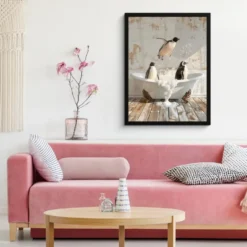 Poster met lijst 60x80 cm Vintage - Pinguïn - Badkuip - Schuim
