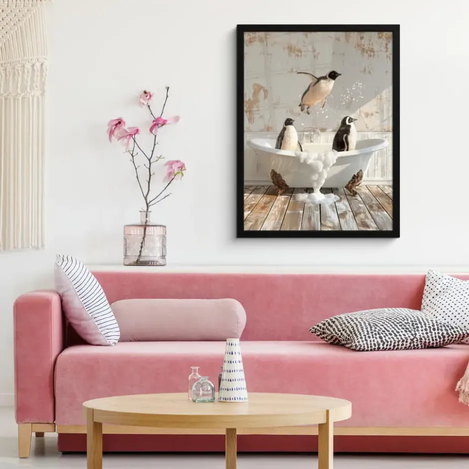 Poster met lijst 60x80 cm Vintage - Pinguïn - Badkuip - Schuim
