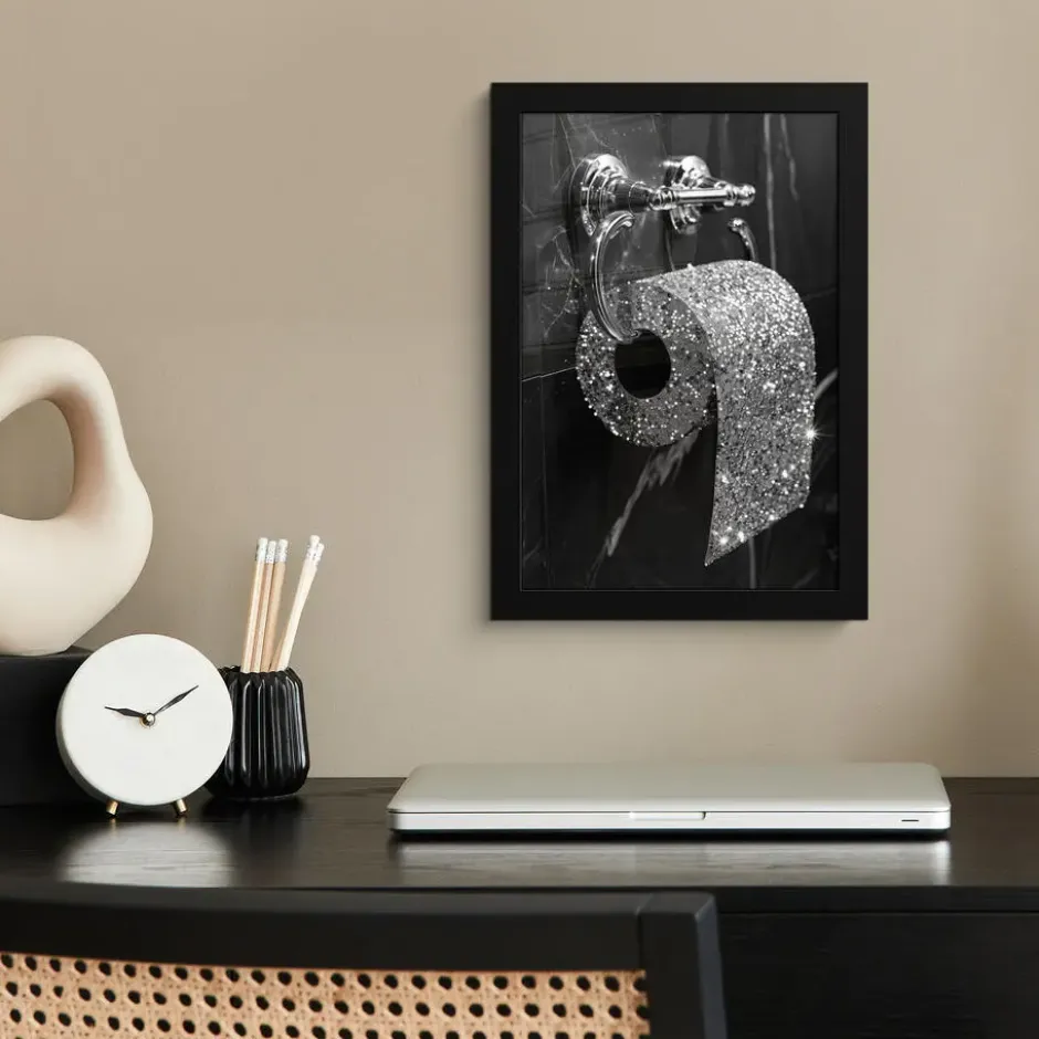 Poster met lijst 20x30 cm WC - Toilet papier - Zwart wit - Glitters