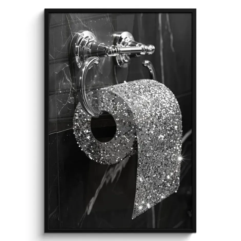 Poster met lijst 80x120 cm WC - Toilet papier - Zwart wit - Glitters