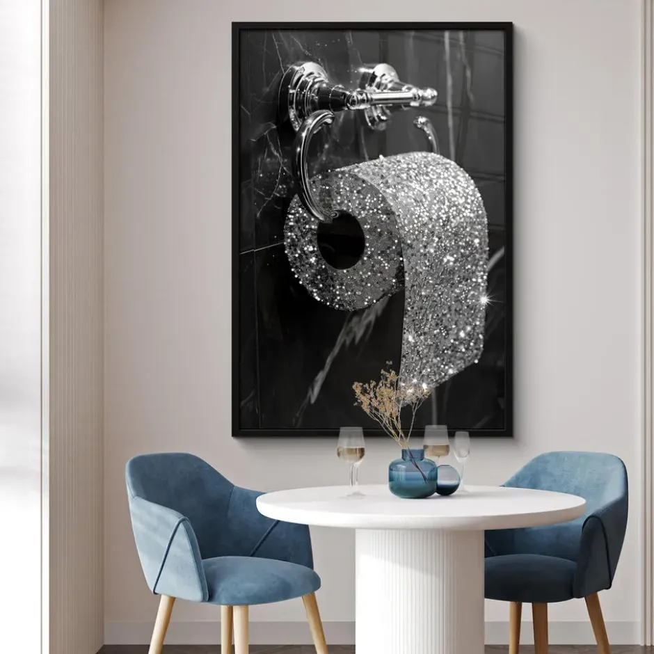 Poster met lijst 80x120 cm WC - Toilet papier - Zwart wit - Glitters