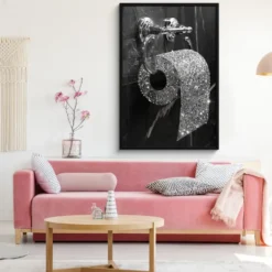 Poster met lijst 80x120 cm WC - Toilet papier - Zwart wit - Glitters