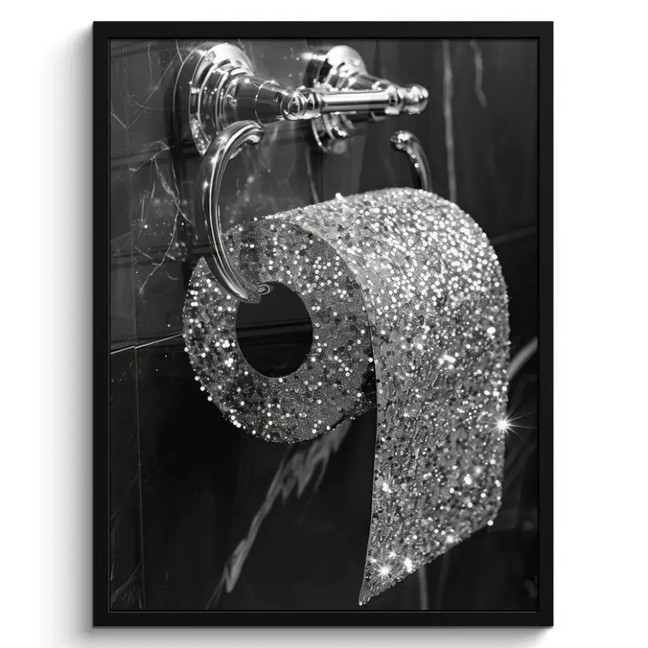Poster met lijst 60x80 cm WC - Toilet papier - Zwart wit - Glitters