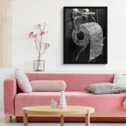 Poster met lijst 60x80 cm WC - Toilet papier - Zwart wit - Glitters