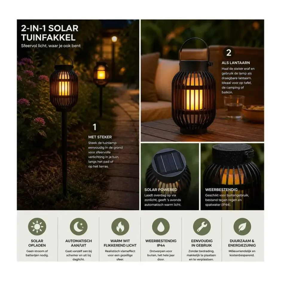 Pro Garden Prikspotje - 3 in 1 - vlameffect - solar - 23 cm