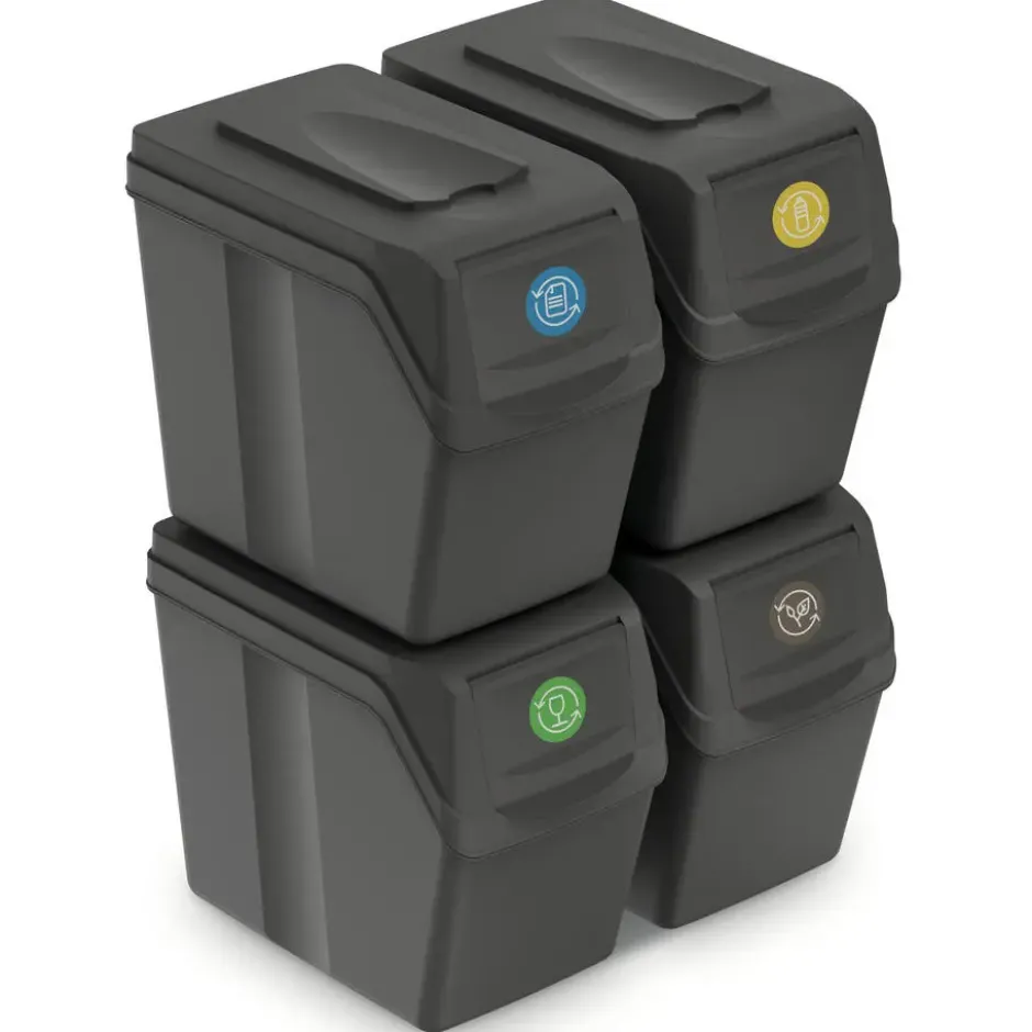 Prosperplast Afvalscheidingprullenbakken - 4x 20 liter - grijs