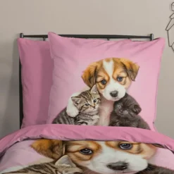Pure dekbedovertrek hond en poes - 1 persoons 140x200/220 cm - Roze - Microvezel