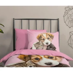Pure dekbedovertrek hond en poes - 1 persoons 140x200/220 cm - Roze - Microvezel