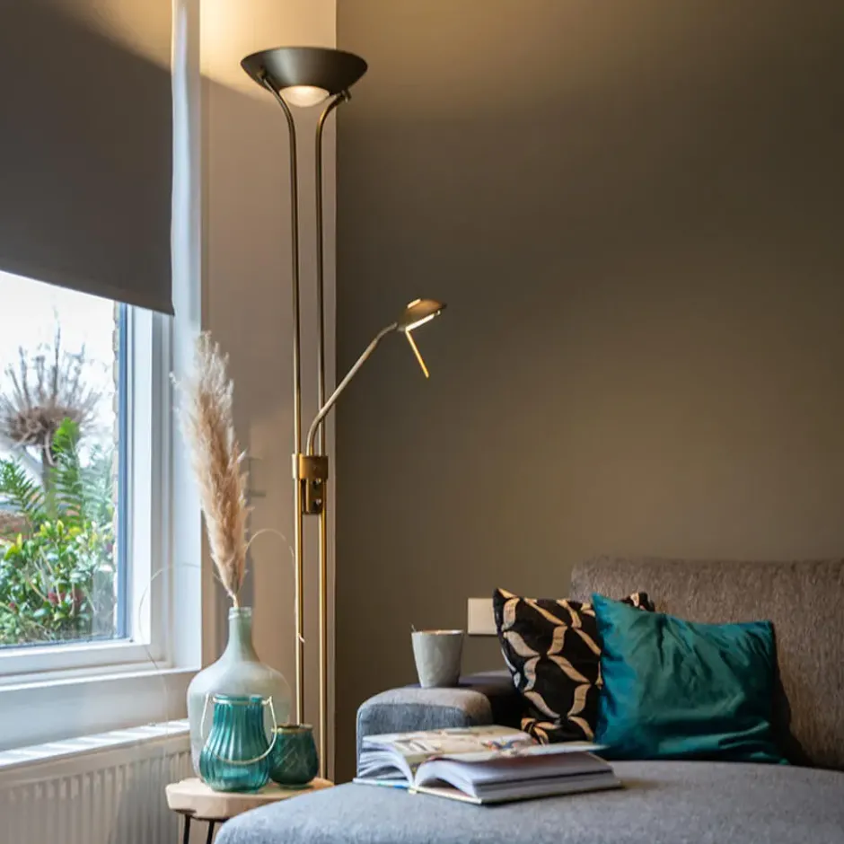 Qazqa staande lamp met leesarm diva bronskleurig geïntegreerde led