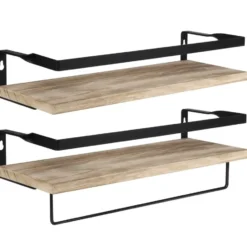 QUVIO Houten wandplank met metalen stang voor keuken