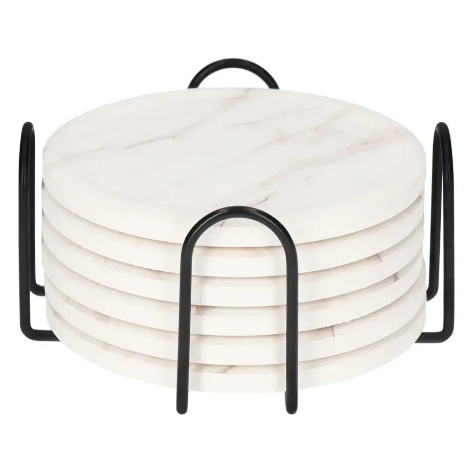QUVIO Onderzetter set van 6 met houder - Marmer look - Wit