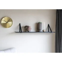 QUVIO Wandplank zwevend met lederen banden – 120x20 cm – Hout – Zwart