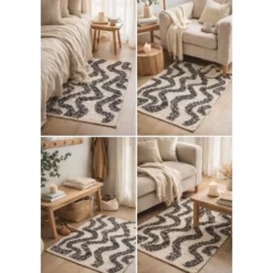 Rechthoekig katoenen tapijt met beige en zwarte motieven 60 x 90 cm